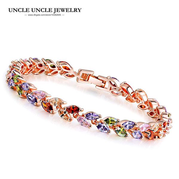 Rose Gold Color Olive Branch Design Multicolor Zirconia Setting Woman Bracelet Wholesale