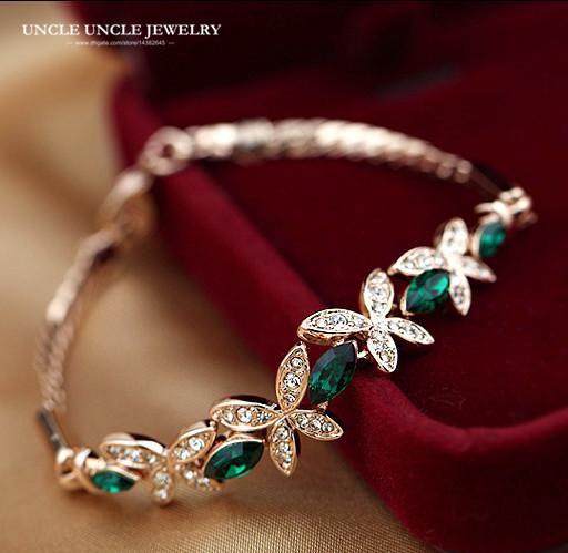 Fresh Olive Branch Coming Rose Gold Color Austrian Green Crystal Butterfly Element Woman Bracelet Wholesale