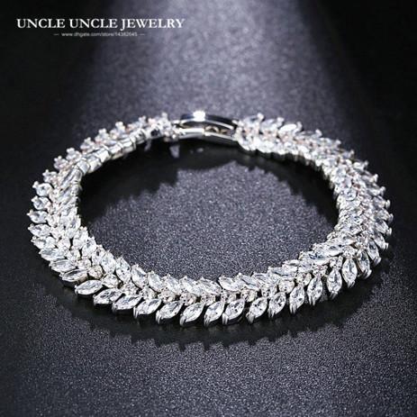 High Quality White Gold Color Luxury Leaves Element Design Cubic Zirconia Crystal Stones Strand Bracelet Wholesale Gift