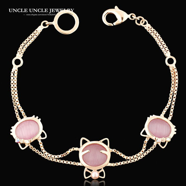 Lovely!!! Rose Gold Color 3 Pieces High Quality Pink Opals Lovely Kitty Design Lady Bracelet Wholesale