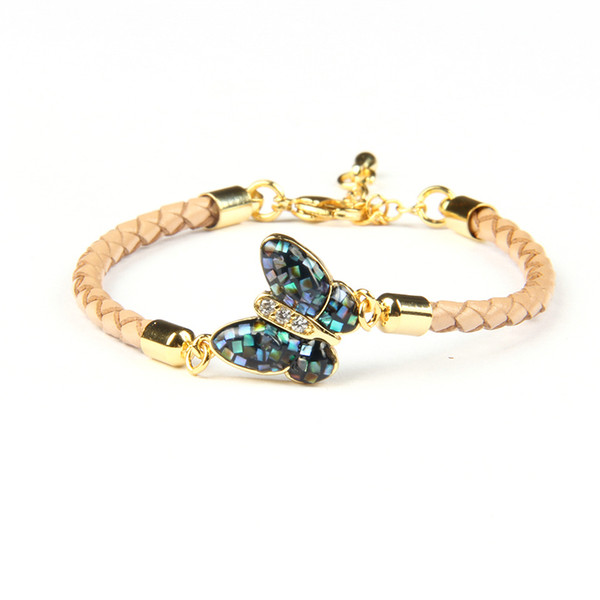 Natural Abalone Shell Cz Butterfly Bracelet With Genuine Leather Nice Adjustable Girl Gift Jewelry Wholesale 10pcs/lot