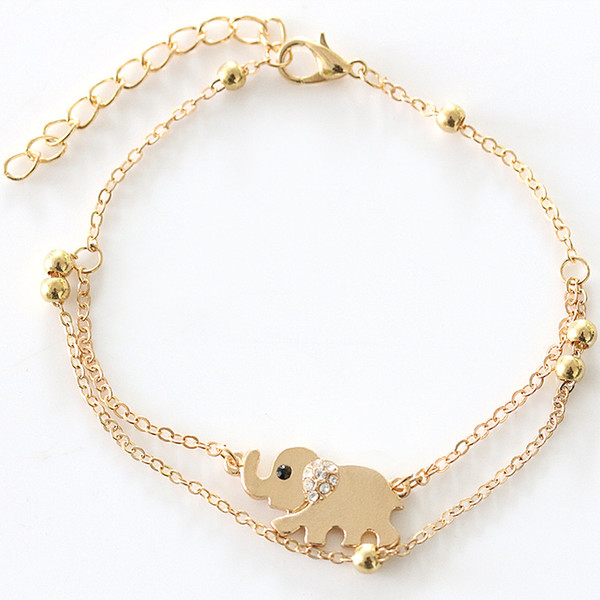 Gold Color Animal Lucky Elephant Bracelet Trendy Two Layers Link Chain Bracelets Bangles Alloy Women Jewelry Party Gift New