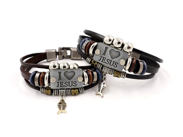 I LOVE JESUS Charm Bracelets Vintage Fish Pendant Christian Multilayer Braided Leather Bead Bracelets For Men Women Couple Bangle Jewelry