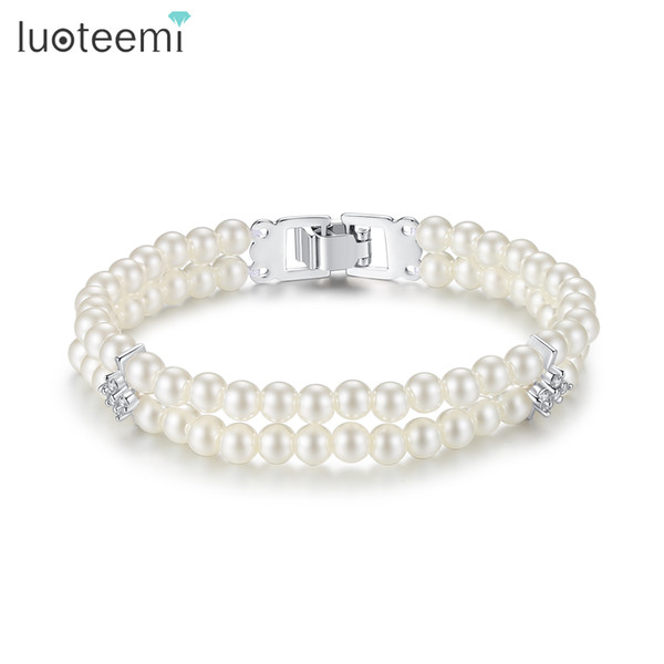 LUOTEEMI Silver-Color Double Row 5mm Created Pearls CZ Bracelet Bangles For Women Wedding Jewelry Bridesmaids Bridal Collection