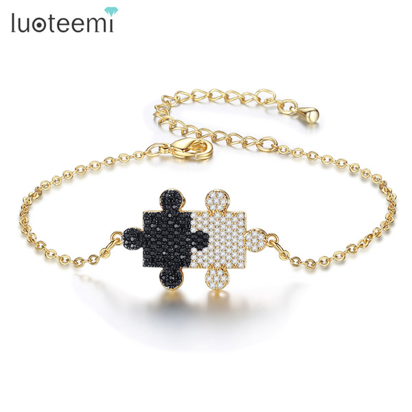 LUOTEEMI Classic Black & White CZ Crystal Adjustable Bracelet For Women Jigsaw Fragment Statement Fascinating Party Jewelry Gift