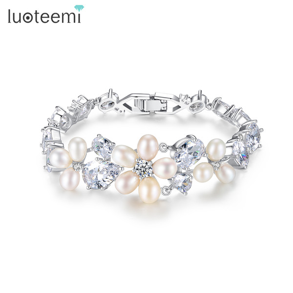 LUOTEEMI New Delicated Natural Pearls with Clear Cubic Zirconia Bracelet for Women Party Bangle Bridal Wedding Jewelry Gift