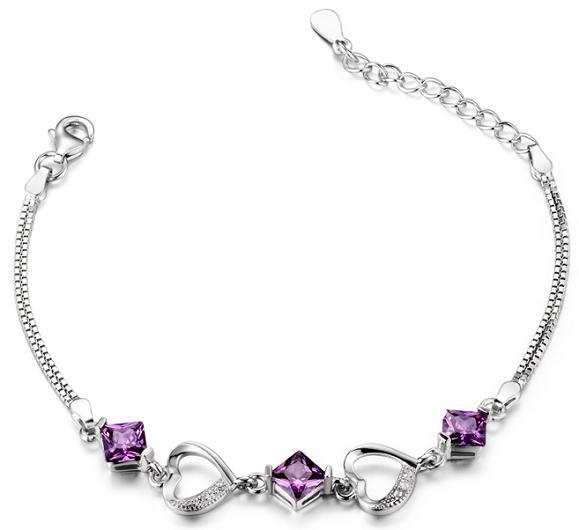 Heart Woman Bracelets Authentic 925 Silver Jewelry For Lover White Purple Crystal Diamante Fashion Valentine's Day Gifts 2016 New Arrive 1pc