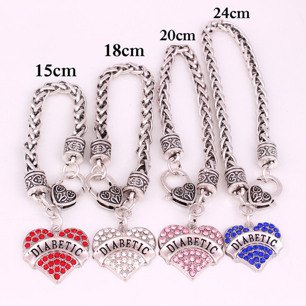 Awareness Alert four colors Crystal Heart letter DIABETIC wheat link chain Lobster Claw Bracelet wholesale diabetes jewelry