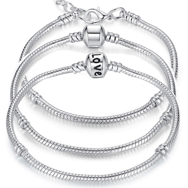 5 Style Silver Plated LOVE Snake Chain Bracelet & Bangle Fit European Beads For Pandora Bracelets