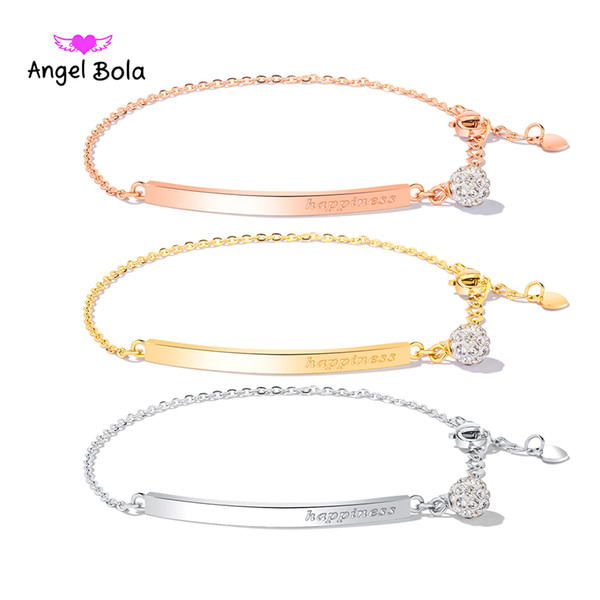 Personalized Long Bar Engraved Initial Bracelets Stainless Steel Chain Rose Gold Silver Color Letters HAPPINESS Girls Best Gift