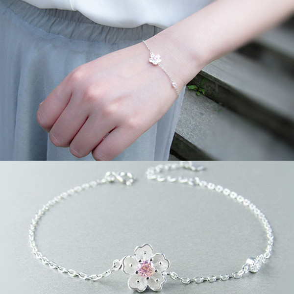 Fashion S925 Sterling Silver Jewelry Hot Lovely Korean bracelet Sweet Sakura Link, Chain New arrival Elegant flower chain bracelet with gem