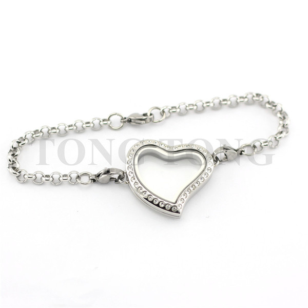 5 PCS 30mm Magnetic Closure Stainless Steel Silver Czech Crystals Curvy Heart Locket Bracelet with 8'' (22cm) Matching Rolo Chain