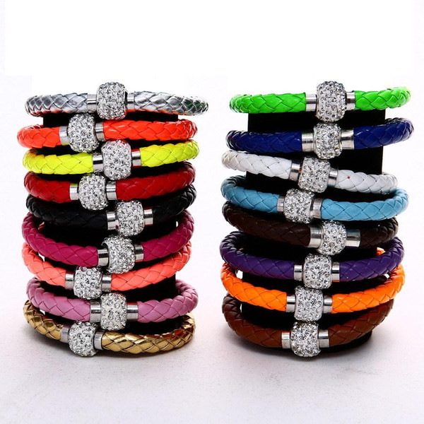 Mix 17colors New PU Leather Bracelet & CZ Disco Crystal Magnetic Clasp Bracelet Free Shipping