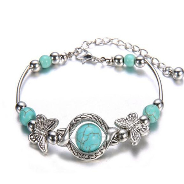 Turquoise Beads Silver Plated Butterfly Bracelet Jewelry Handmade Accessories Fashion Jewelry Lobster Clasp Drop Shipping Wholesale