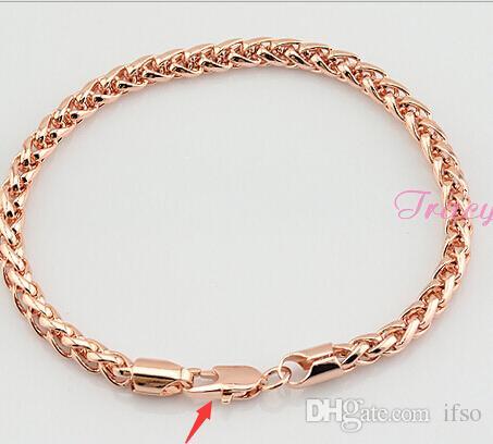 Wholesale-5mm New Fashion Jewelry Mens Womens Wheat Link Chain 18K Rose Gold Filled Bracelet Gold Jewellery Free Shipping C02 RB