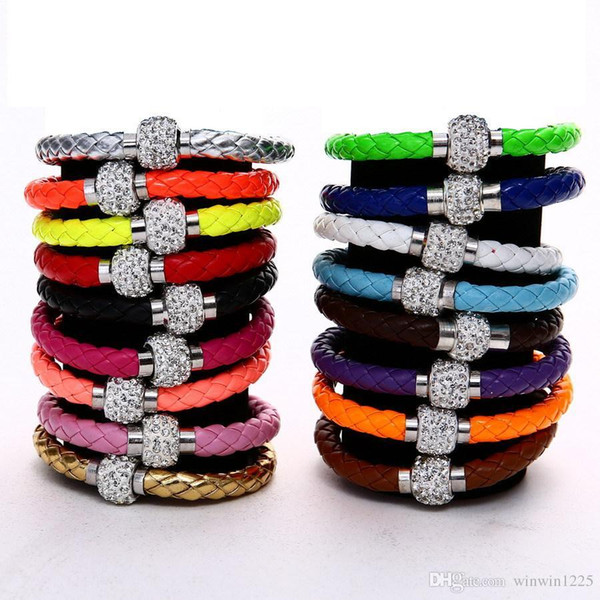 Mix 17colors New PU Leather Bracelet & CZ Disco Crystal Magnetic Clasp Bracelet Free Shipping