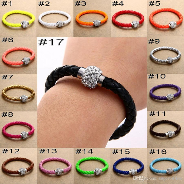 women bracelet magnetic buckle snap wrap bracelets genuine leather rhinestone High fashion jewelry 17 colors