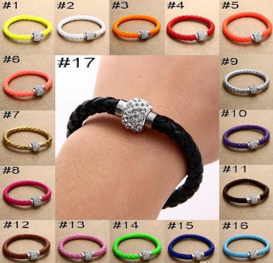 2018 Mix 17colors New PU Leather Bracelet & CZ Disco Crystal Magnetic Clasp bracelets Best Free Shipping