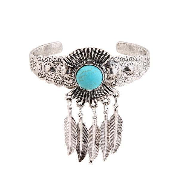 2018New Retro Turquoise Opening Ladies Bracelet Leaf Feather Bracelet Fashion Ms. Jewelry Wholesale