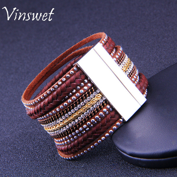 High quality diamond multi-layer leather bracelets beautiful pop punk magnetic buckle cool boy girl leather snap bracelet factory wholesale