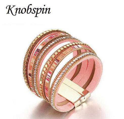 37mm wide Luxury Rhinestones PU leather Bracelets and Bangles for women High quality Gold Color Alloy magnetic buckle bracelet Cantidad: u