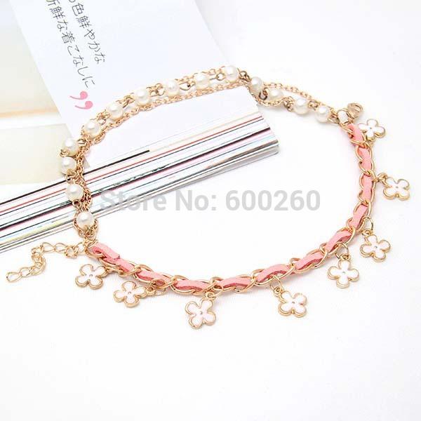 Womens Beautiful Four Leaf Clover Leather Rope Pearl Chain Bracelet #5667