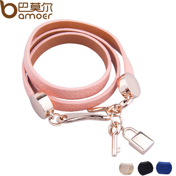 Bamoer Luxury Real 18K Gold Plated Genuine Pink Wrap Leather Bracelet Three Circle Jewelry for Women PI0327