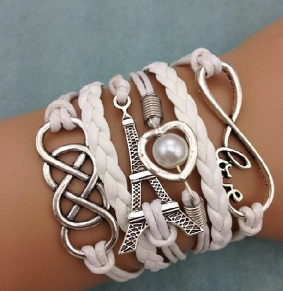 Tower double eight infinity symbol love love hearts craft pearl multilayer woven leather bracelet