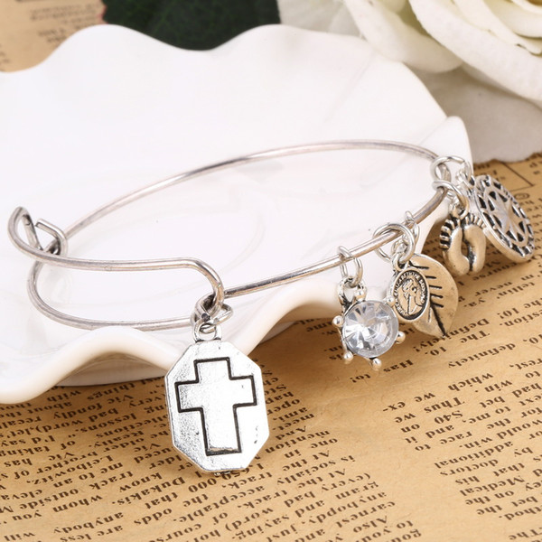 2018 GR Jewelry Wholesale Alex Style Bracelet&Bangle For Women Silver Plated Color Charms Bracelet Femme Rhinestone Cross