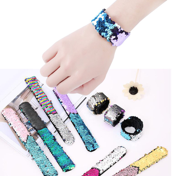 2018 Girl Slap Bracelets Mermaid Sequin Wristband Double Colors Glitter Slap Bracelet Kids Party favors 21 Designs Optional