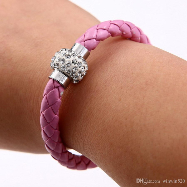 Mix 17colors New PU Leather Bracelet & CZ Disco Crystal Magnetic Clasp Bracelet Free Shipping