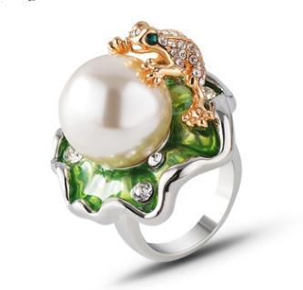 European and American export jewelry wholesale Lotus leaf frog shiny inlaid pearl ring