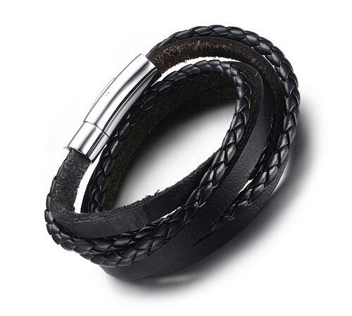 Fashion New Hand-made Mens Black Braided Real Leather Bracelet Multi-strand Genuine Leather Wristband Rope Woven Bracelets Men