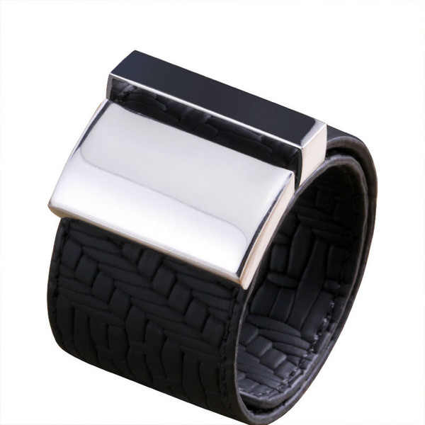 2014 New Arrival Stainless Steel Genuine Leather Bracelet For Men Black and Brown Man High Quality Jewelry PI0666