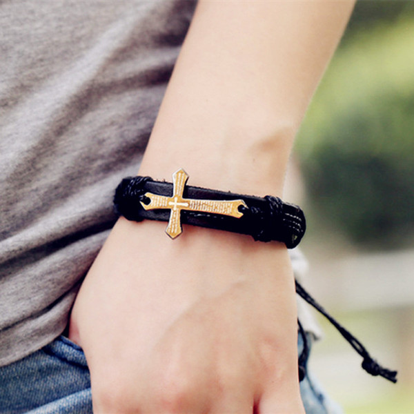 Cross Bible Charm Braided Bracelet Urban Jewelry Handmade Black Genuine Leather Adjustable Wristband retro Jewelry Wholesale