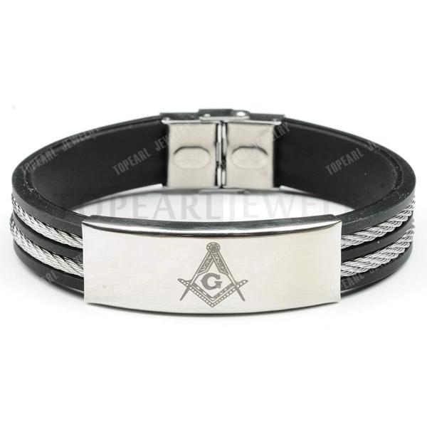 Topearl Jewelry 3pcs Freemasonry Masonic Stainless Steel Wire Rubber Bracelet MEB882