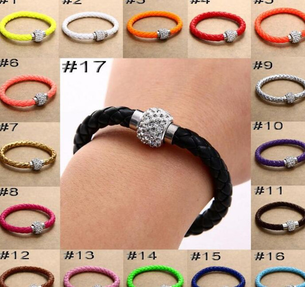 women bracelet magnetic buckle snap wrap bracelets genuine leather rhinestone High fashion jewelry 17 colors