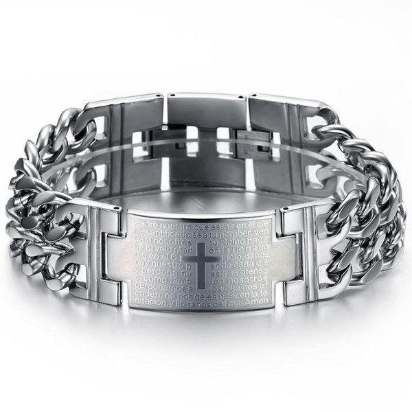 FREE SHIPPING Jewelry stainless steel cuban curb chain Cross ID Bracelet 22MM WIDE .22cm lenght 8.66'' Gold silver black Punk