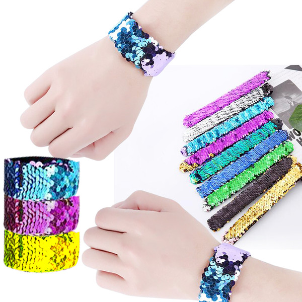 2018 New Girl Slap Bracelets Mermaid Sequin Wristband Double Colors Glitter Slap Bracelet Kids Party favors 21 Designs Optional