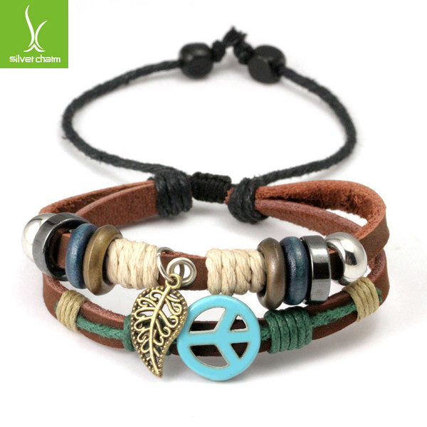 2014 New Arrival Wrap Brown Cow Leather Alloy Bracelet With Braided Leaf Metal Charms Fashion Woven Bracelet PI0282