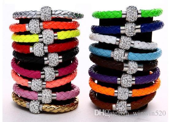 Mix 17colors PU Leather Bracelet CZ Disco Crystal Bracelet Fashion Magnetic Clasp Bracelet Wristband Jewelry