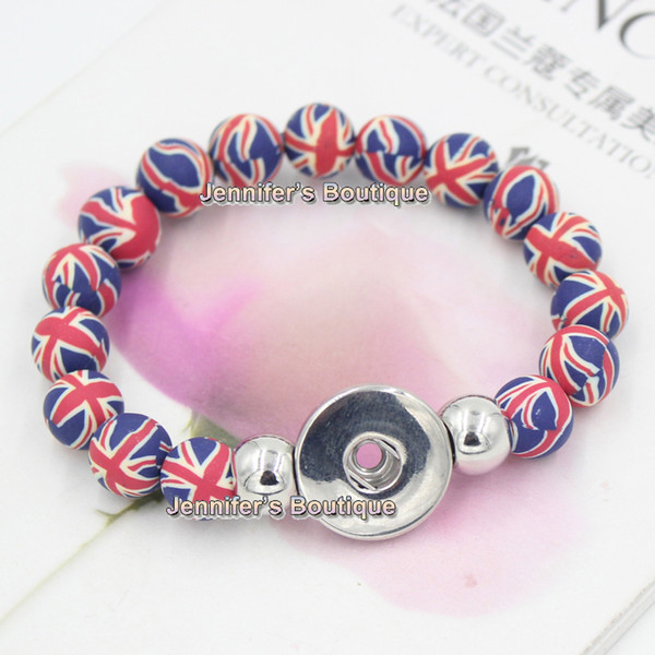 New Arrival Free Shipping DIY Snaps Jewelry, 10mm Fimo Polymer Clay Ceramic UK Flag Beaded Stretch Snap Buttons Bracelet Snaps Jewelry