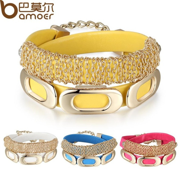 Bamoer Luxury Real Leather Bracelet with Genuine 18K Gold Plated Jewelry for Women Double Wrap Bracelet PI0328