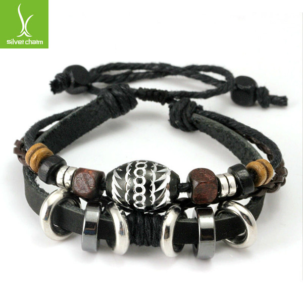 2014 New Arrival Wrap Black Leather Rope Bracelet for Men Colorful Wooden Beads and Metal Charms Fashion Jewelery PI0274