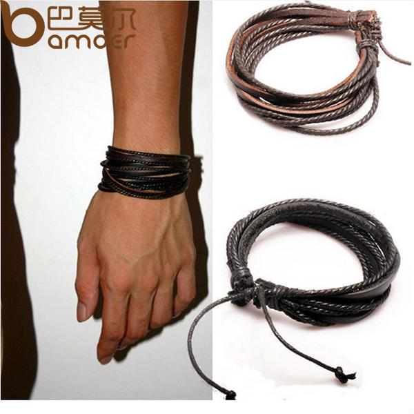 HOT Wrap Leather Bracelets & Bangles for Men and Women Black and Brown Braided Rope Fashion Man Jewelry 2pcs PI0246