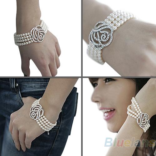 Fashion One Piece Women's Elegant 4 Layer Crystal Rose Flower Pearl Bangle Strand Bracelet Accessories Hot Selling