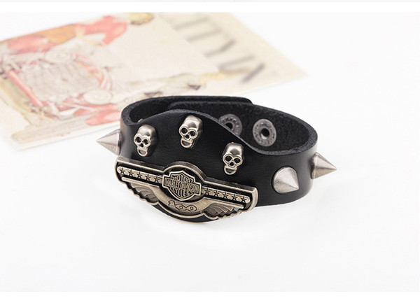 European and American Foreign Trade Sources Halloween Devil Skull Personal Punk True Cowhide Bracelet Men's Bracelet