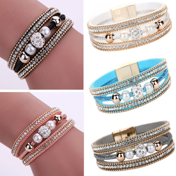 Fashion Women Multilayer Leather Bangle European bead Bracelet Rhinestone Crystal Beaded Pearl Leather Magnetic Wristband Bracelet