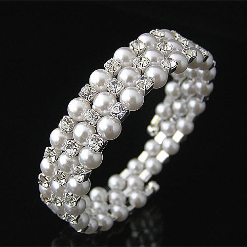 Free Shipping ! Beautiful Fashion Jewelry Silver Plated Clear Crystal Rhinestone Bridal Wedding Bracelet With Cream Pearl