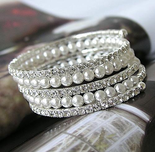 Silver Plated 5 Rows Pearl and Rhinestone Crystal Memory Wire Bridal Bracelet Bangle For Wedding Party